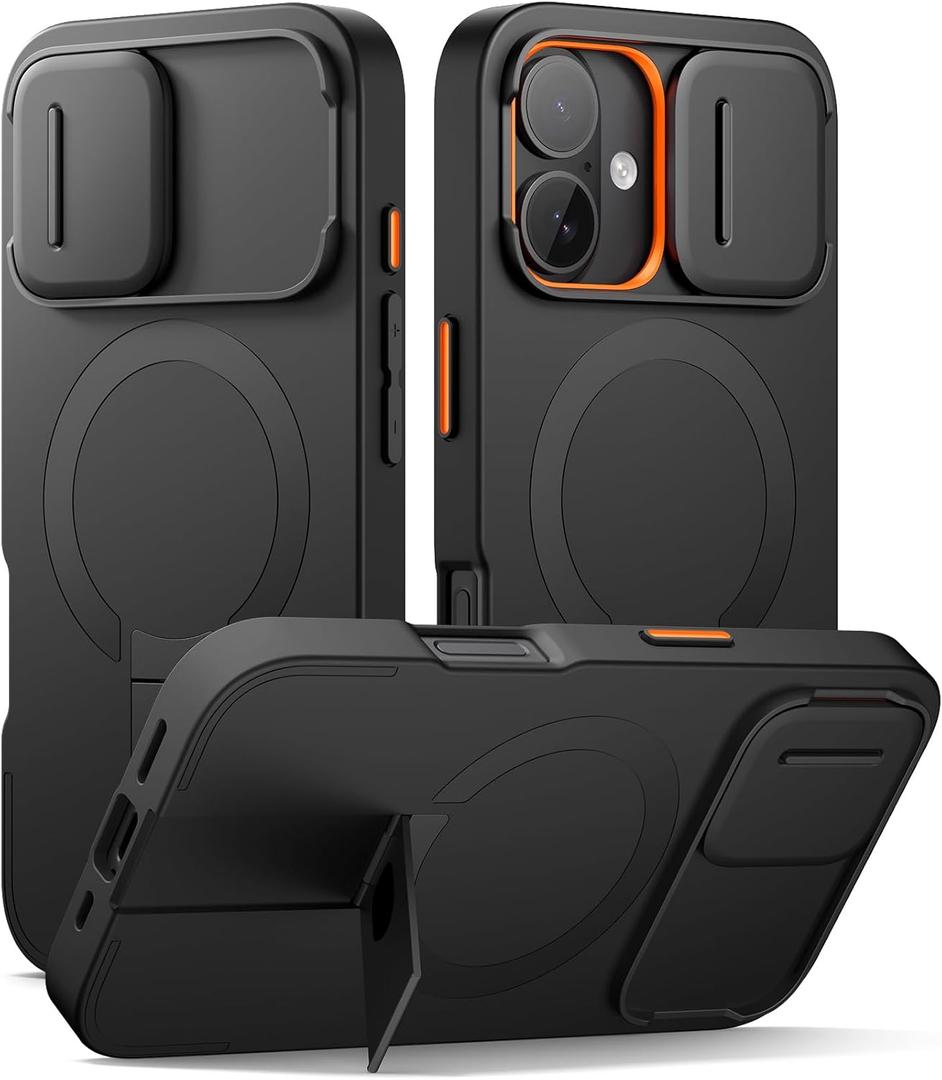 SURITCH for iPhone 16 Case with Magnetic Camera Slide Cover and Adjustable Kickstand, Compatible with MagSafe, Shockproof Bumper Case Slim Protective Cover 6.1 Inch, Black
