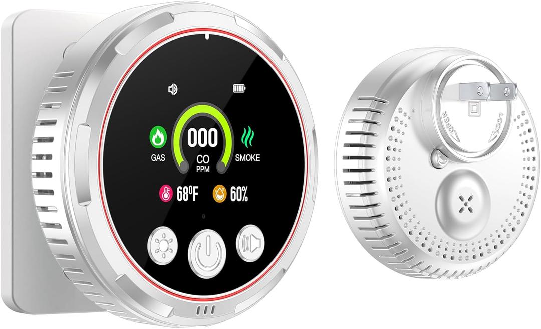 5-in-1 Plug in Carbon Monoxide Detector & Smoke & Natural Gas Combination Detectors with Backup Battery Temp Humidity Senor Plug&Play&Audible 85dB CO Alarm for Home Hotel (1 Pack, White)