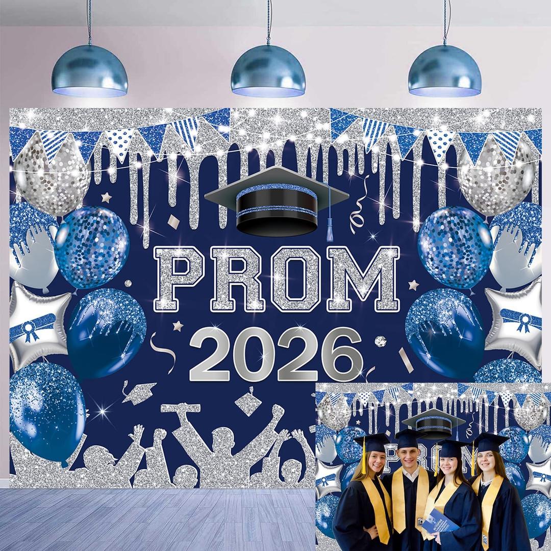 Blue Sliver 2026 Graduation Party Backdrop Royal Blue Glitter 2026 Prom Night Background Class of 2026 Congrats Grad Banner for 2026 Congratulate Graduates Party Decoration (Blue, 94X70 inch (8x6FT))