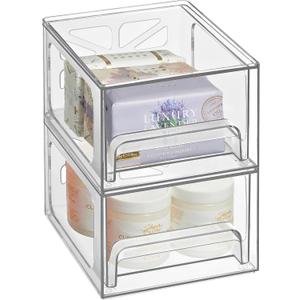 Oizeir Acrylic Drawer Organizer 2-Pack  Clear Stackable Storage Drawers for Makeup, Skincare, Vanity, Bathroom, Under Sink, Kitchen & Office  Non-Slip, Durable, Multi-Purpose Organizer Bins