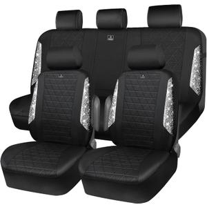 CAR PASS Oxford Bling Diamond Car Seat Covers Full Set Interior Sets, Waterproof Shining Glitter Sparkly Crystal Universal Armrest Fit 95% Automotive Truck SUV Cute Women Girl, Black Silver Rhinestone