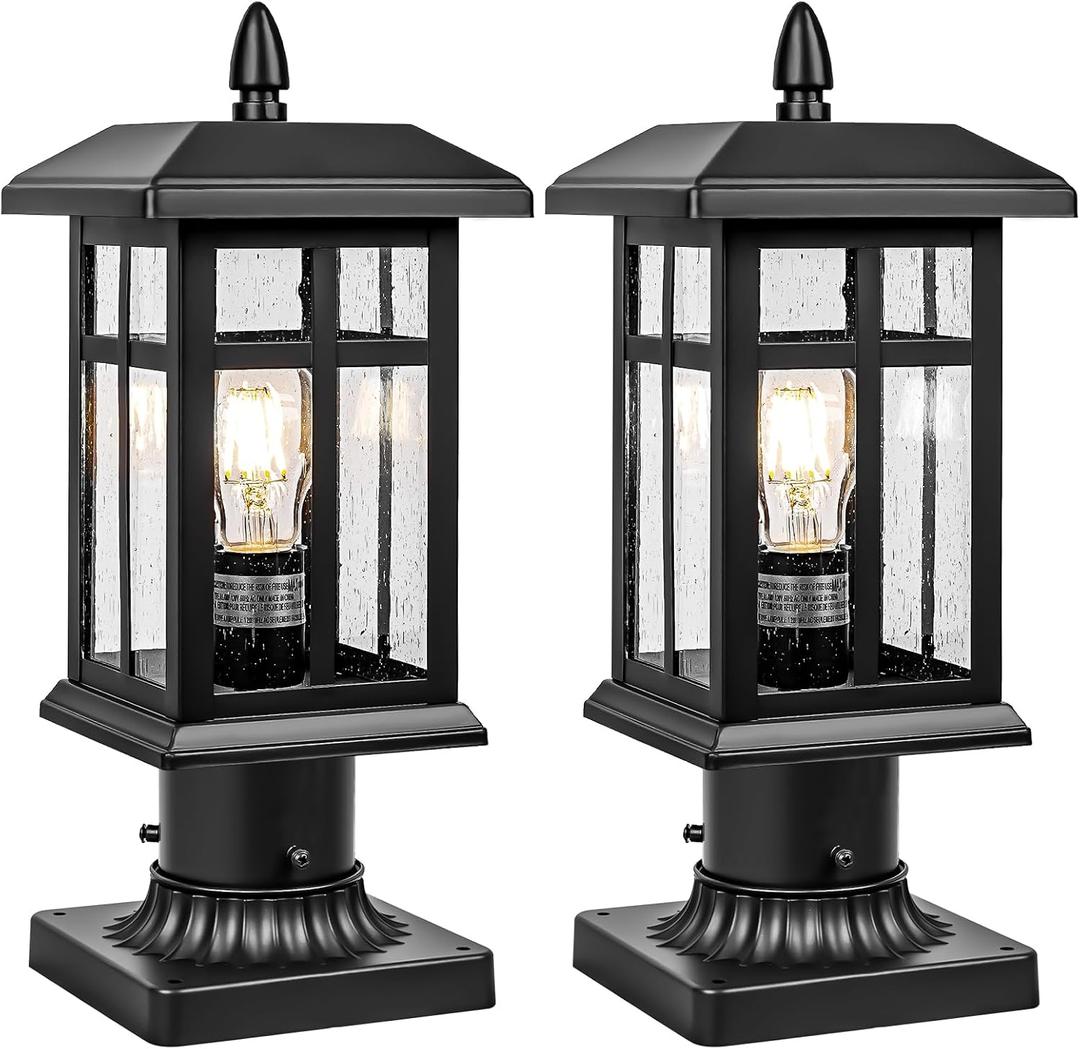 Brilvibera 2 Packs Outdoor Post Light, Black Pole Lantern Lighting Fixture with Pier Mount Base, Exterior Lamp Post Lantern with Glass for Garden Yard Patio Path