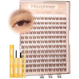 Brown Lash Clusters Kit 8-12MM Natural Cluster Eyelash Extensions Kit Wispy Cluster Lashes Dark Brown Individual Lashes C Curve Eyelash Clusters Short 144Pcs Pestaas Postizas Marrn