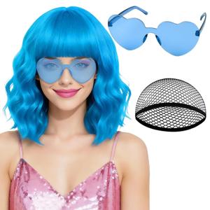 PLULON Blue Short Wavy Bob Wig Heart Sunglasses for Women, Neon Bob Funny Party Curly Wigs with Bangs Synthetic Hair Daily Hairpieces for Birthday Music Festival Stage Cosplay Costume Party Outfit