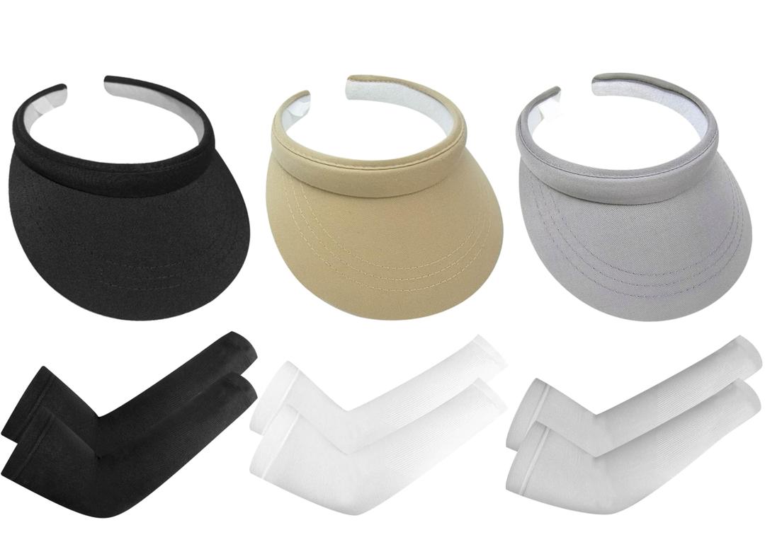 3 Pack Sun Visors Hat + 3 Pairs Sleeves Men Women Clip On Visors Outdoor Golf Beach Travel Camping Cap (Black+White+Navy+3pairs Sleeves)