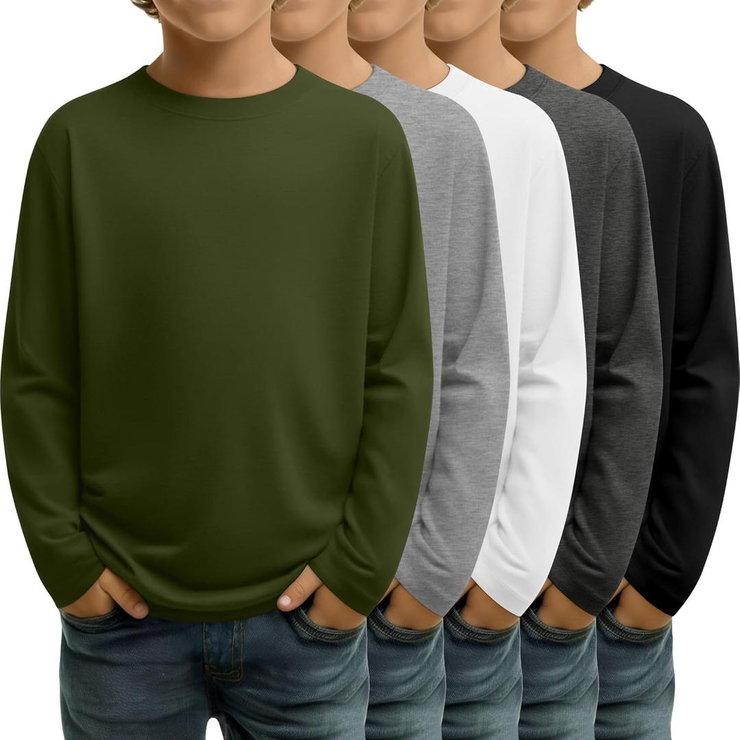 LessonZoo 5 Pack Boys' Long Sleeve Shirts 3-16 Years Crew Neck Kids T-Shirts Teen Baggy Casual Layer Solid Tops(Army Green, Light Gray, White, Dark Gray, Black, 14-16y)