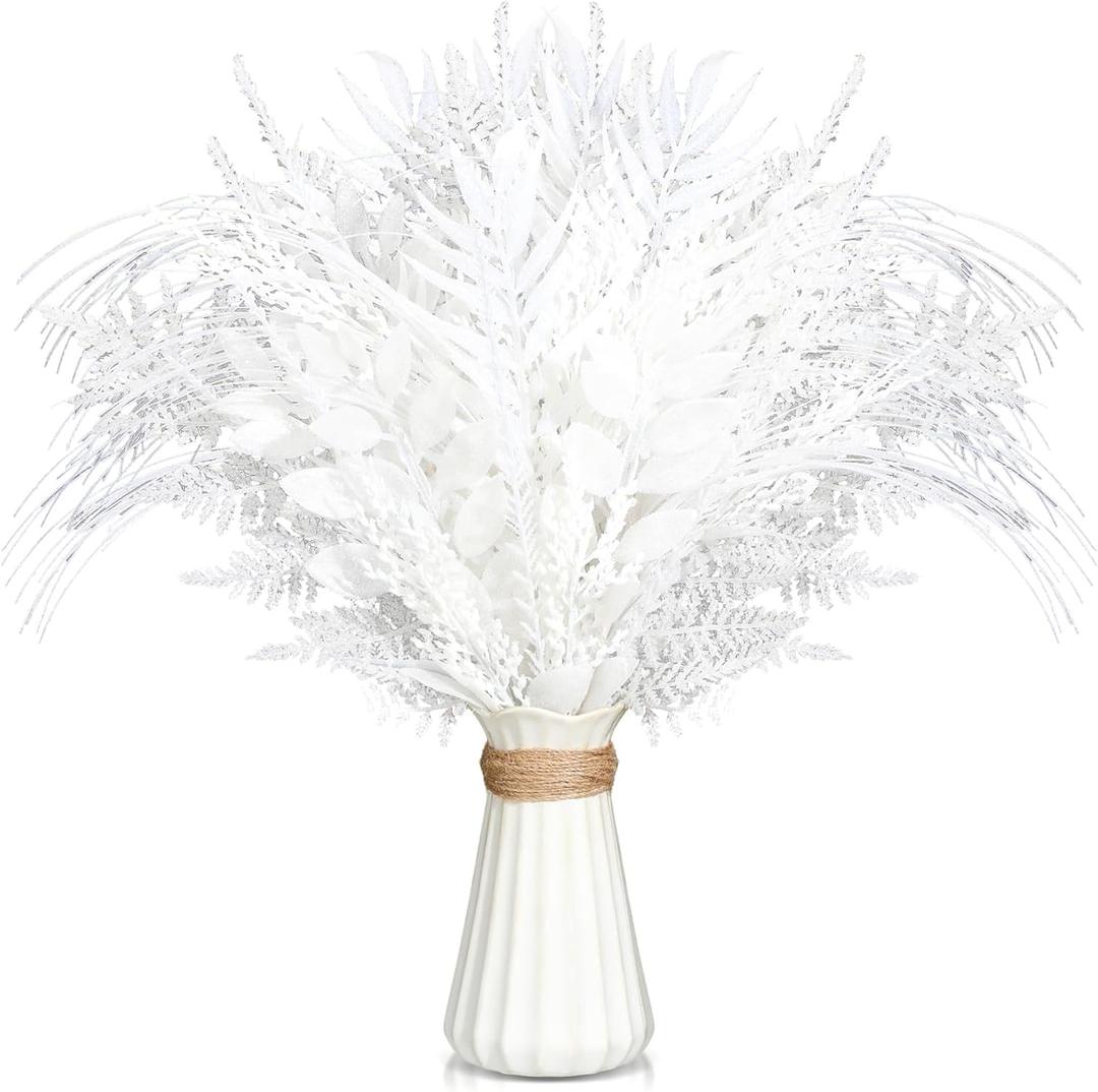 50 Pcs White Christmas Tree Picks and Sprays Xmas Tree Topper Glitter Pine Twigs Faux Glittery Branch Stems for Christmas Vase Wreath Decoration DIY Craft Supplies