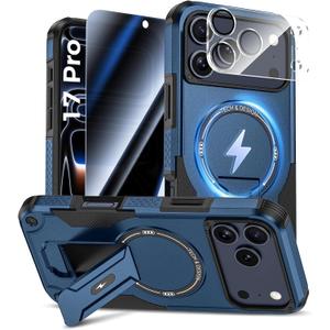 for iPhone 17 Pro Case with Privacy Tempered Glass Screen Protector & Camera Lens Protector, Compatible with MagSafe, Invisible Kickstand, Shockproof Phone Cover, Blue