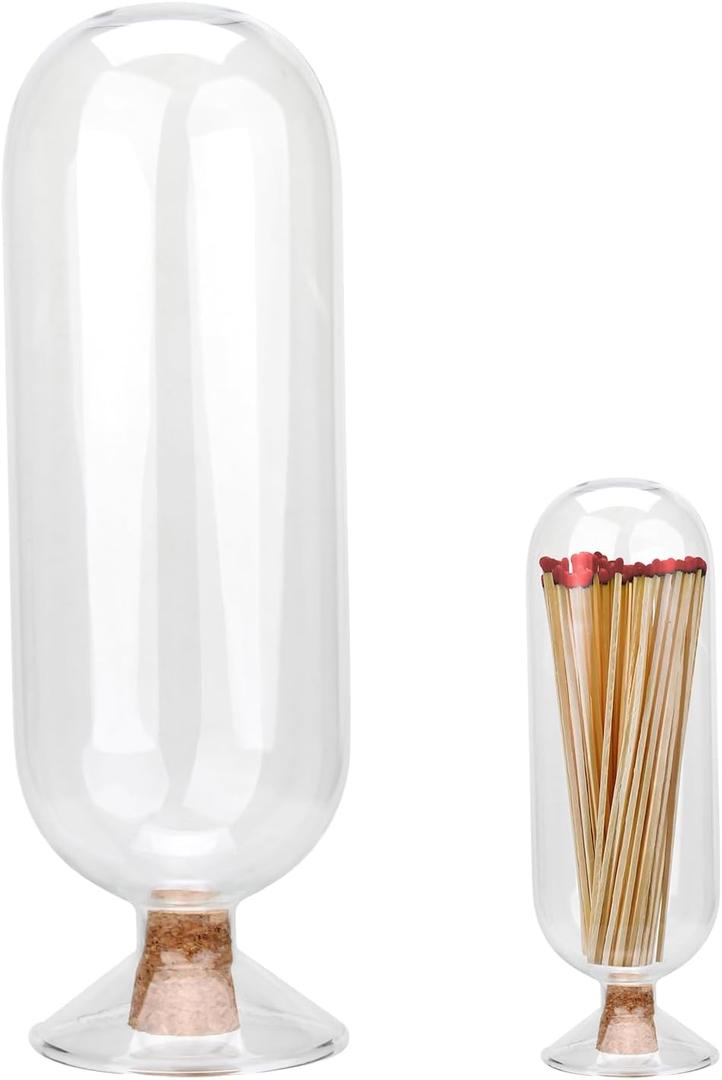 Extra Tall 11" Decorative Glass Matches Cloche Jar Decorative Match Holder Home Decor Glass Bottle with Wooden Stopper for Candle Matches Trendy Fireplace Display Decor
