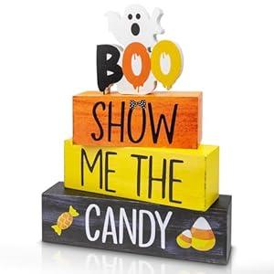 4 Pcs Halloween Wooden Tiered Tray Decor, Show Me the Candy Decorations Gifts for Home, Halloween Table Centerpiece for Fall Party Kitchen