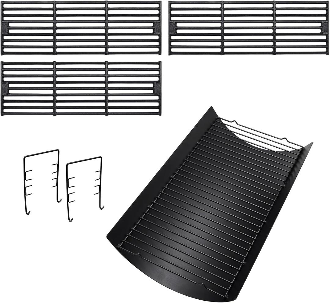 Hiorucet 20 Inches Ash Pan Drip Pan and Grill Grates for Char-Griller 5050 5650 5072 2123 Charcoal Grills, 20" Charcoal Grill Pan with 2Pcs Fire Grate Hanger for Char Griller 5050 Replacement Parts