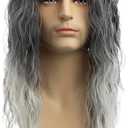Baruisi Long Curly Wavy Grey Wigs for Men Synthetic Natural Party Halloween Cosplay Hair Wig