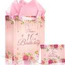 Floral 16th Birthday Gift Bag with 16th Birthday Wrapping Paper and Greeting Card Pink Flower 16 Treat Candy Goodies Paper Bag with Handle for Girls Happy 16 Bday Decorations Party Favor Supplies