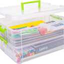 TERGOO 2 Layer Plastic Storage Containers with Lids, Multipurpose Clear Stack & Carry Box, Portable Craft Organizers and Storage Bin for Organizing Art & Craft, Sewing, Makeup, Nail Supplies (Green)