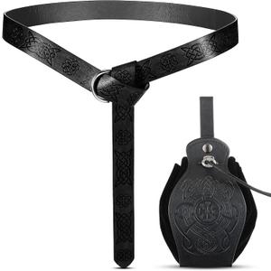 2 Pcs Medieval Viking Belt Leather Pouch Bag Embossed Renaissance Costume Accessories for Men Women Halloween LARP Cosplay (Black)