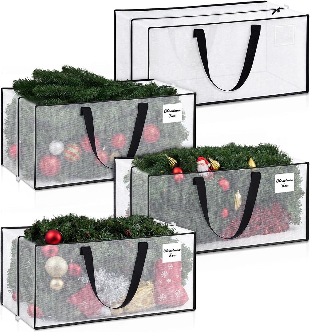 5 Pack Christmas Decorations Storage Bag Set Clear Plastic Waterproof Storage Container Bag Tote with Handles Dual Zippers for Christmas Disassembled Artificial Trees, Lights, Wreath, Balls
