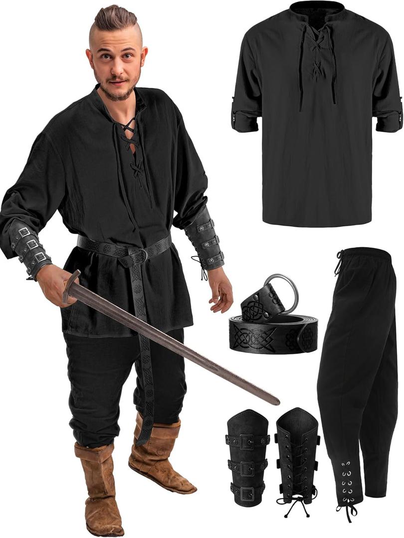 Jiuguva 4 Pcs Halloween Men's Renaissance Costume Set Medieval Pirate Shirt Ankle Banded Pants Viking Belt Accessories (XX-Large, Black)