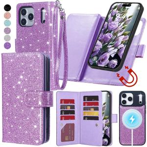 Varikke for iPhone 17 Pro Wallet Case Compatible with Magsafe Detachable Magnetic Flip with RFID Blocking Card Holder, Glitter PU Leather Wrist Strap Phone Case for iPhone 17 Pro 6.3", Light Purple