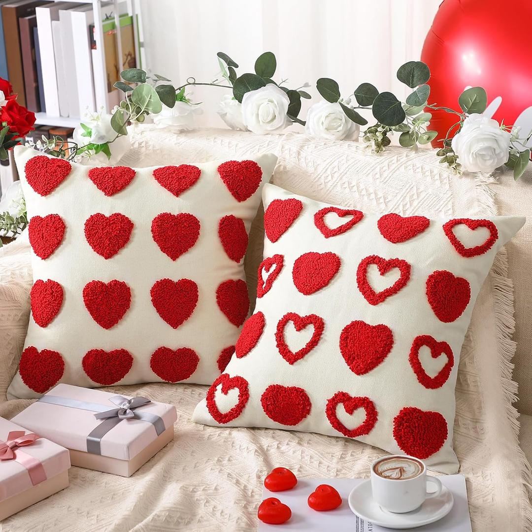 Mixweer 2 Pcs Valentines Day Throw Pillow Covers 18 x 18 Inch Love Heart Decorative Pillow Covers Soft Plush Faux Fur Valentines Cushion Pillowcase for Valentines Day Couch Sofa Home Decor Gift(Red)