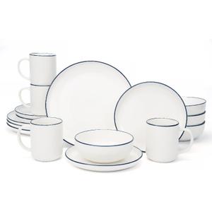 OTAGO 16-Piece Dinnerware Set for 4 with 4 Mugs, White with blue rim Stoneware Plates and Bowls Sets, Ceramic Dish Set for Kitchen, Dinner & Dining, Blue Rim, Microwave & Dishwasher Safe