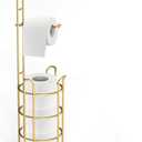 Gold Toilet Paper Holder Stand with Shelf, Freestanding Tissue Roll Holder, Holds 4 Mega Rolls and Extra Storage for Phone, Wipes