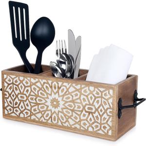 Wooden Utensil Caddy for Kitchen Countertop 3-Slot , Multi-Purpose Wooden Desk Organizer Work Desk, Bathroom, Cutlery Caddy, Office Supplies Organizer 11 X 4.5 Inches