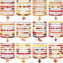 96 Pcs Thanksgiving Fall Bracelets Set Fall Inspirational Friendship Bracelets Bulk Autumn Maple Leaf Pumpkin Charm Stretch Adjustable Flat Beaded Jewelry for Friend Party Favors Gifts