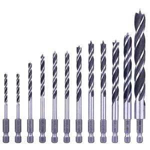 NordWolf 12-Piece Brad Point Wood Drill Bit Set for Carpenter Woodworking, Double Flutes Design with 1/4" Hex Shank, SAE Sizes 1/8" to 1/2"