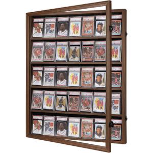 VERANI Baseball Display Case - 35 Graded Sports Card Frame - Holds Cards With UV Protection Clear View Lockable Wall Cabinet for Football Basketball Hockey Trading, Walnut (Large-Vertical-Walnut-Blacklock)