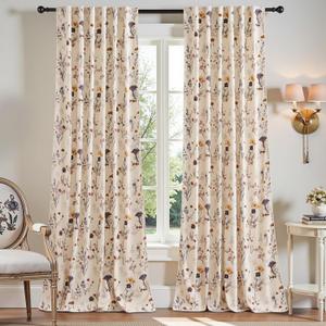 RYB HOME Botanical Velvet Curtains for Living Room Bedroom, Vintage Soft Thermal Insulated Back Tab Floral Velvet Drapes for Home Decoration, Cream, 52 x 84 inches, 2 Panels Set