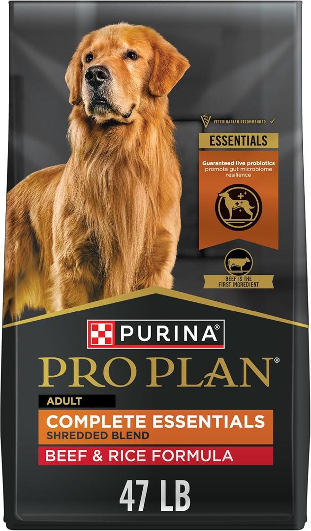 Purina Pro Plan Complete Essentials Shredded Blend Beef and Rice Dog Food Dry Formula with Probiotics for Dogs - 47 lb. Bag, BBD OCT 2027