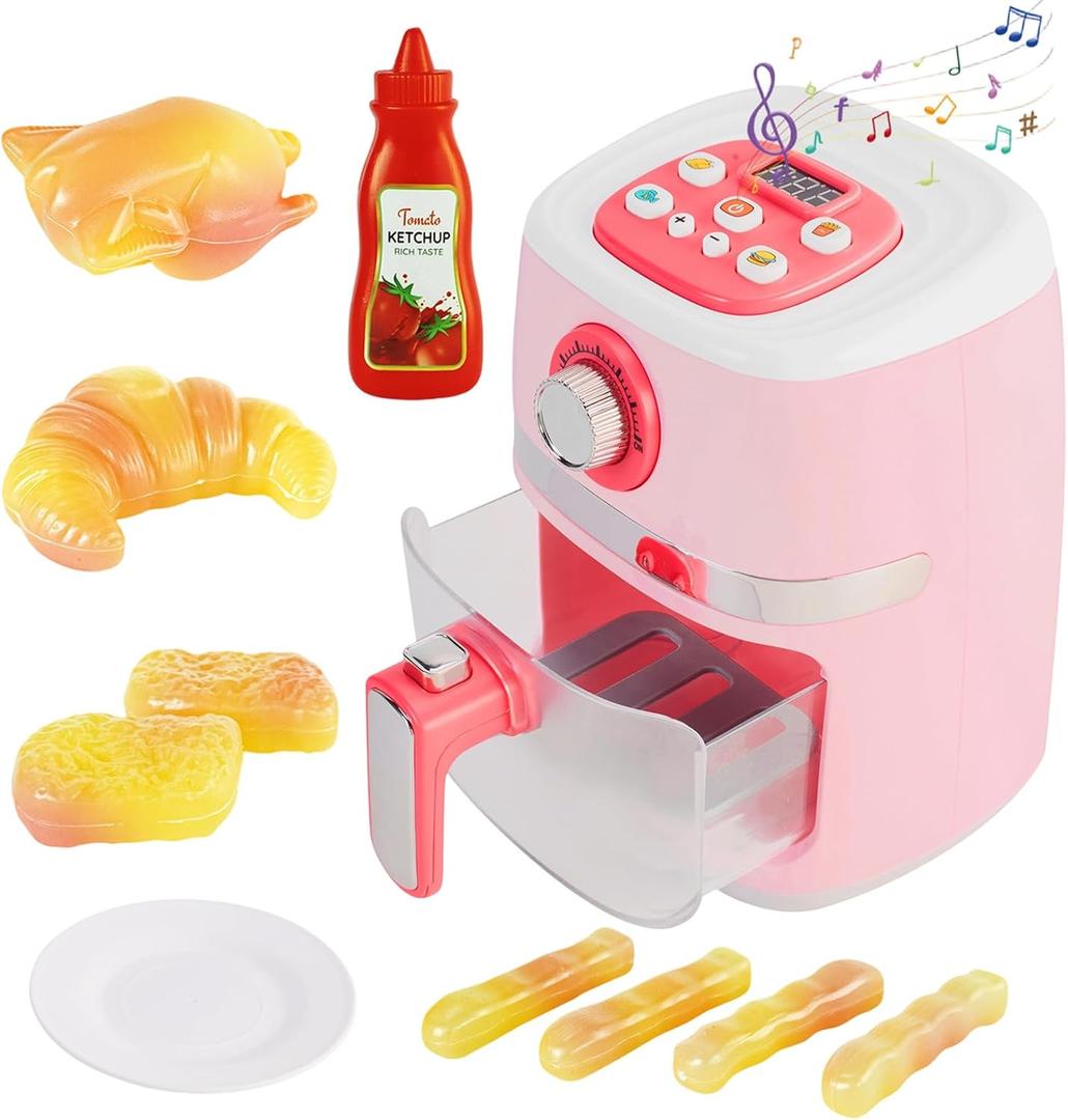 Play Kitchen Accessories, Pretend Kitchen Appliances Set with Toy Air Fryer for Kids with Sound and Lighting, Color-Changing Play Food, Birthday Gift for Boys and Girls Ages 3-5 4-8,Pink