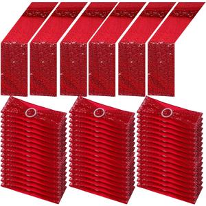 Newwiee 54 Pcs Red Sequin Chair Sashes and Table Runners, 48 Sequin Chair Bows, 6 Glitter Table Runners for Birthday Party Wedding Banquet Holiday Decorations