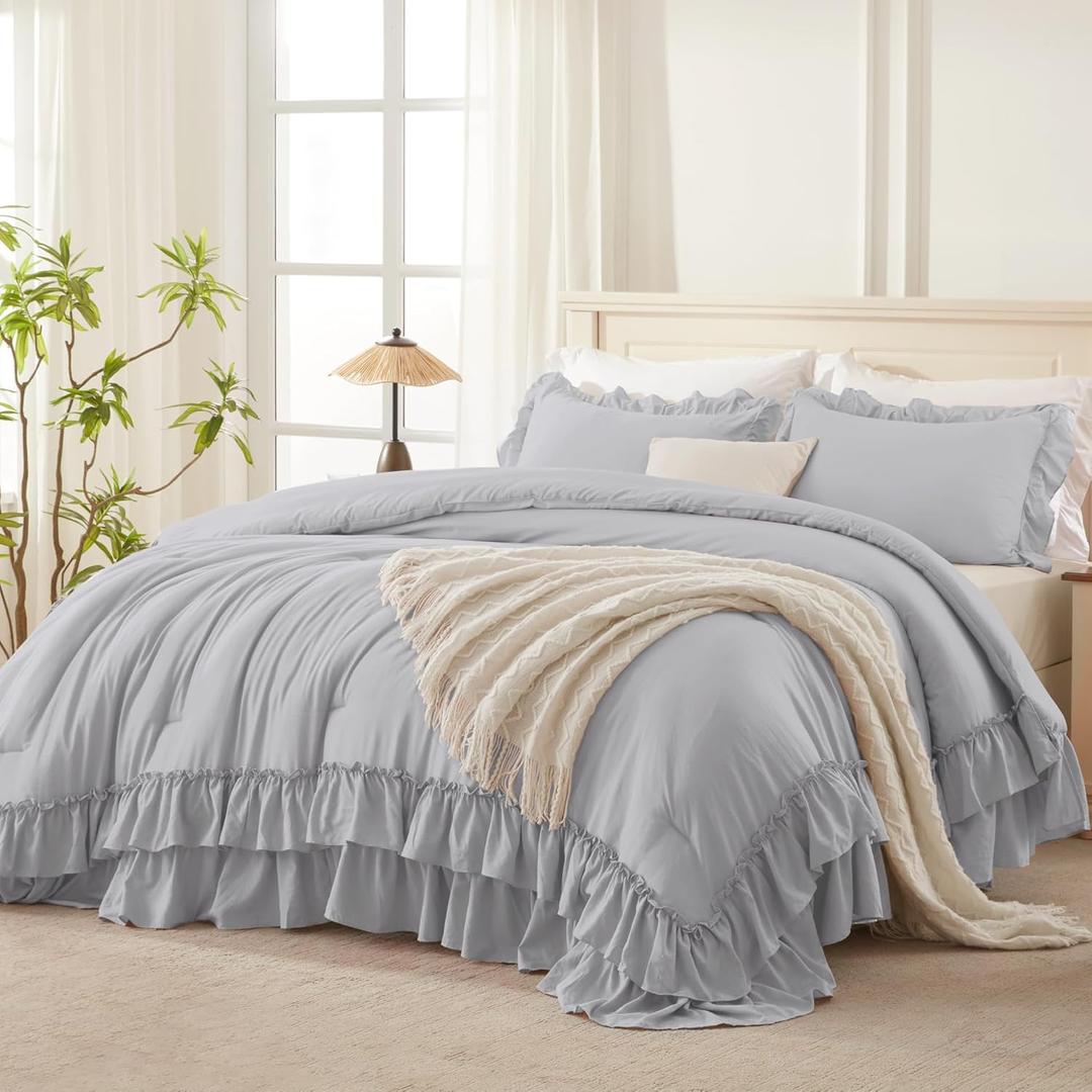 Andency Light Gray Ruffle Comforter Full Set, 3pcs Vintage Farmhouse Shabby Chic Bedding Comforter Set, Soft Lightweight Fluffy Bed Comforter Sets All Season Bedding Set (Full(79"x90"))