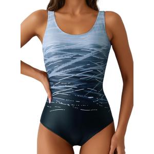 Aleumdr Womens Color Block Print One Piece Swimsuits Athletic Training Swimwear Bathing Suits (Medium, Gray 11)
