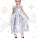 Girls Ghost Costume, 2 Pcs Dress Hooded Cape Suit for Kids Halloween Ghostly Phantom Dress Up Party 4-12 Years