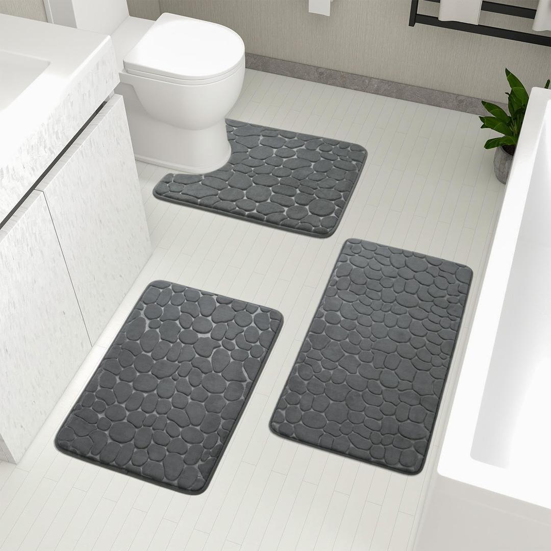 YIHOUSE Bathroom Rugs Sets 3 Piece, Cobblestone Memory Foam Bathroom Mats Set Extra Thick, Non Slip Bath Mats for Bathroom, Water Absorbent, Washable Dark Grey Bath Rugs for Tub, Toilet and Floor (3 Pieces)