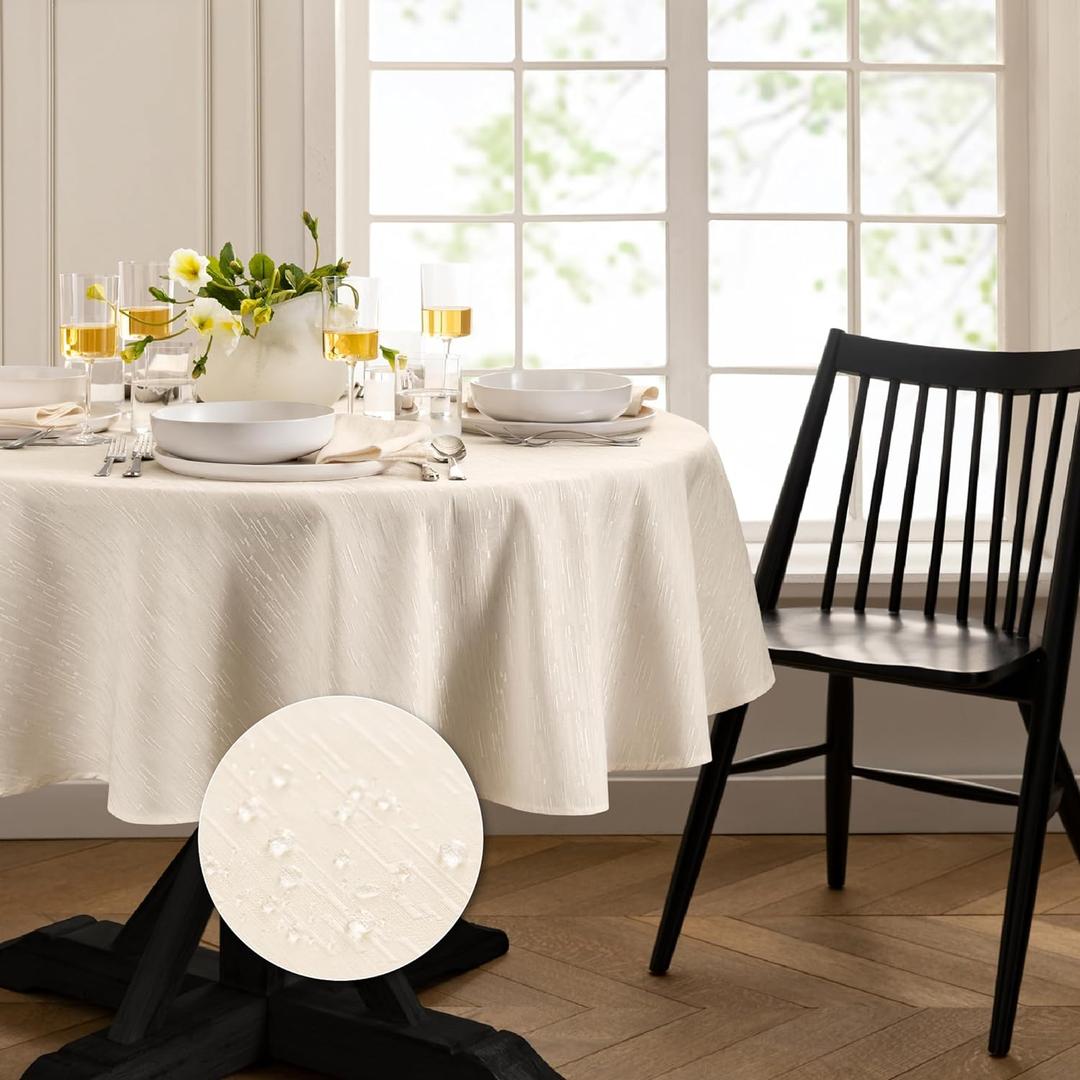 Elrene Home Fashions Continental Solid Texture Water, Stain & Wrinkle Resistant Tablecloth, 60"X84" Oval, Ivory