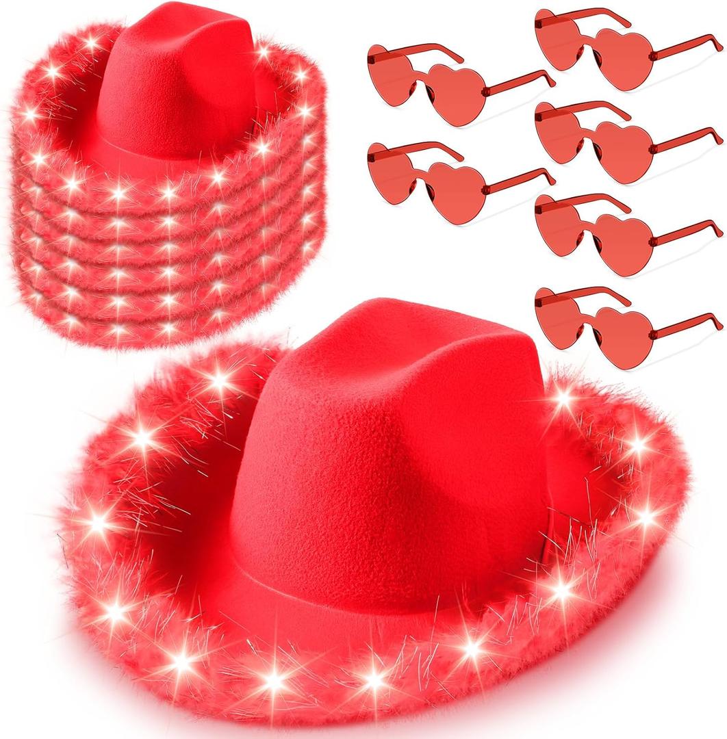 Zhanmai 6 Pieces Cowgirl Light up Hat with Feather Boa, 6 Pieces Heart Sunglasses Set for Bachelorette Costume Party (Red)
