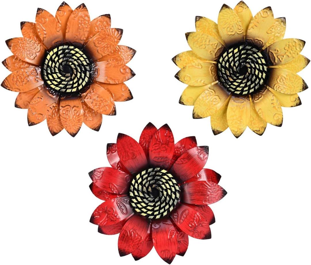 YEAHOME Sunflower Wall Decor - 9 inch Metal Flower Wall Art Decorations, Sunflower Yard Garden Decor Hanging for Kitchen, Bathroom, Bedroom, Set of 3 Handmade Gift for Home, Indoor or Outdoor (9"-3 Pack-Sunflower 021)