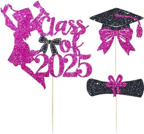 3 Pcs Coquette Bow 2025 Graduation Cake Topper Rose Glitter Class of 2025 Cake Topper Congrats Grad Cake Decor for Girls 2025 Senior High School Graduation Party Cake Supplies Decorations, 2 Pack