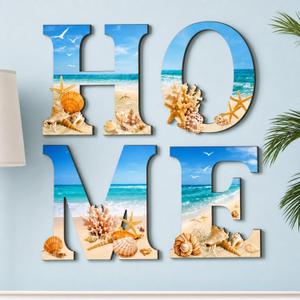 Honoson 4 Pcs Blue Ocean Beach Wall Art Decor Summer Coastal Aesthetic Wood Home Letters Sign Hanging Blue Seaside Art Rustic Seashell Starfish Sea Life for Decorative Bedroom Living Room Kitchen Home