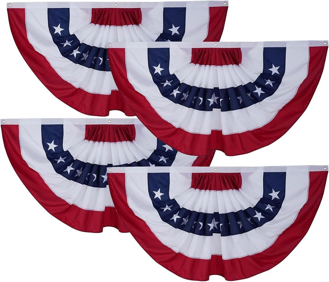 Bradford 4 Pack American Bunting Flags 3x6 ft for Outdoor, Embroidered USA Bunting Flags with 3 Brass Grommets, US Pleated Fan Flag Patriotic Half Fan for 4th of July Memorial Day