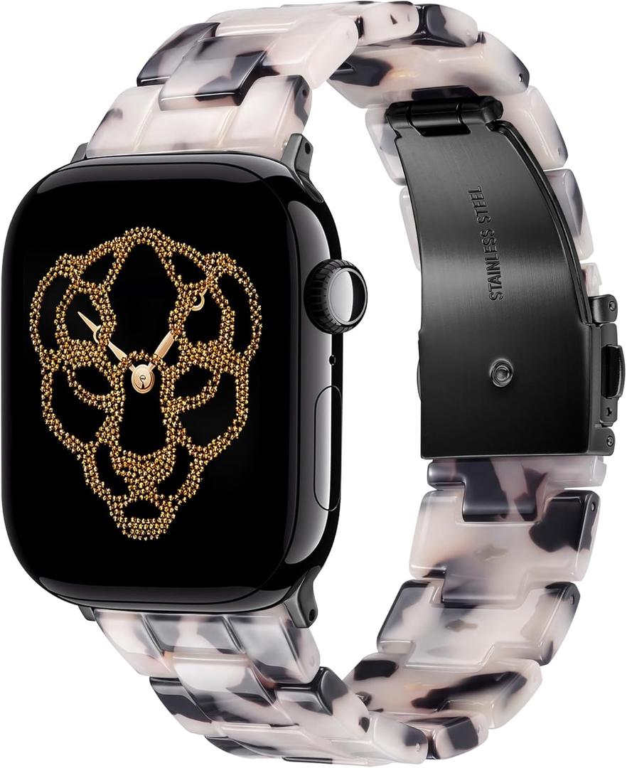 V.R.HOPE Resin Band Compatible with Apple Watch Band for Women 44mm 42mm 45mm 46mm 49mm Tortoise Fashion Lightweight Bracelet Strap for iWatch Series Ultra3/11/10/9/8/7/6/5/4/3/2/1/SE3 (Black Floral)
