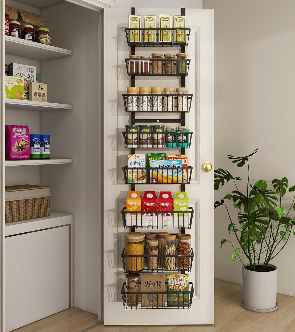 Mefirt 12 Inch Wide Narrow Over The Door Pantry Organizer, Pantry Organization and Storage, Black 8-Tier Metal Hanging Deep Basket Wall Spice Rack Seasoning Shelves, Home & Kitchen Essentials