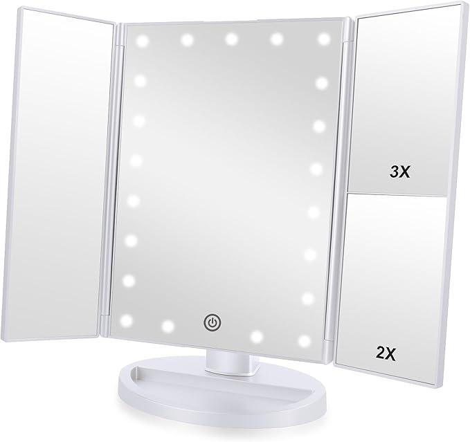 Flymiro Trifold Lighted Vanity Makeup Mirror with 3x/2x Magnification,21 LEDs Light and Touch Screen,180 Degree Free Rotation Countertop Cosmetic Mirror,Travel (White)
