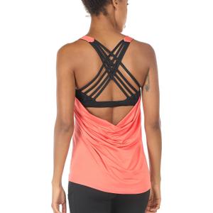 icyzone Women's Open Back Workout Athletic Yoga Tank Tops with Built in Bra (Small, Fusion Coral)