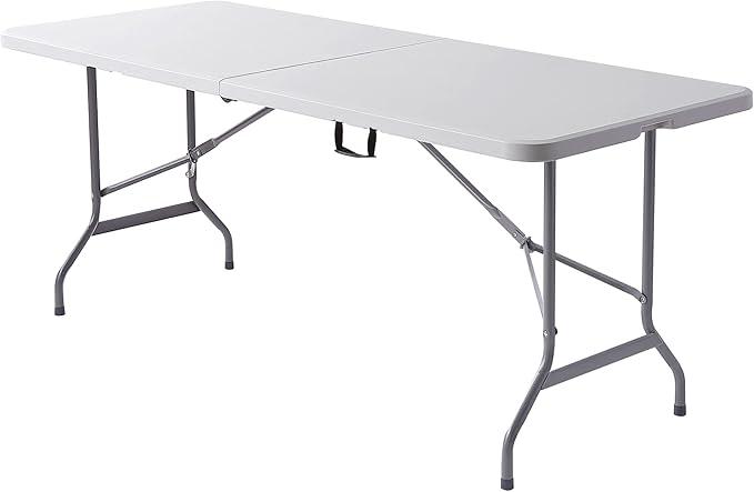 Molded Plastic Top Folding Table, 6' Wide Fold in Half, 29"H x 72"W x 30"D, Platinum
