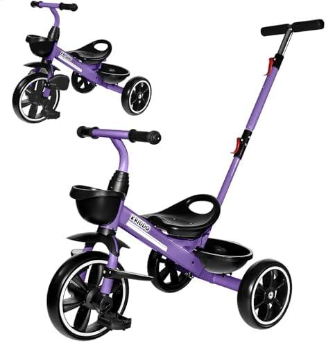 KRIDDO 2-in-1 Toddler Tricycle for Ages 18 Months to 5 Years Old - Extended Push Handle for Effortless Push, Gift Trike for Toddler 3 to 5 Year, Kids Tricycle with Foldable Front Footrest, Purple
