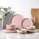 AmorArc Ceramic Dinnerware Sets for 4, 12 Pieces Handpainted Plates and Bowls Set with Rustic Terracotta Underside, Scratch Resistant Stoneware Dishes Set, Dishwasher & Microwave Safe, Cloud Pink